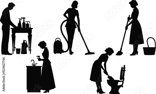 Silhouette of people doing household cleaning, mopping, vacuuming, toilet scrubbing, using cleaning products, domestic chores, hygiene, sanitation, daily work give me a line with comma