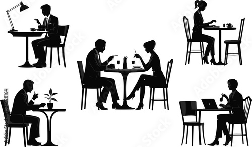 Business people at cafe table, working, drinking coffee, talking, using laptop, discussing ideas, silhouette style, teamwork, communication, lifestyle

 flat vector illustration