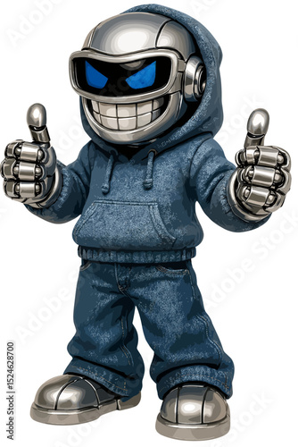 Futuristic Chrome Robot Character with Hoodie & Jeans Giving Thumbs Up 