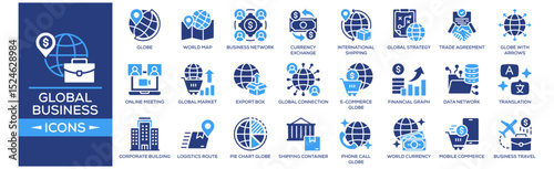 Global Business icon set. Containing design Globe, World Map, Business Network, Currency Exchange, International Shipping. Solid icon collection.