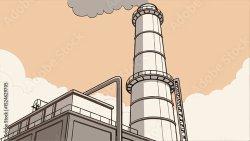 Cartoon illustration of a factory with a tall chimney and smoke
