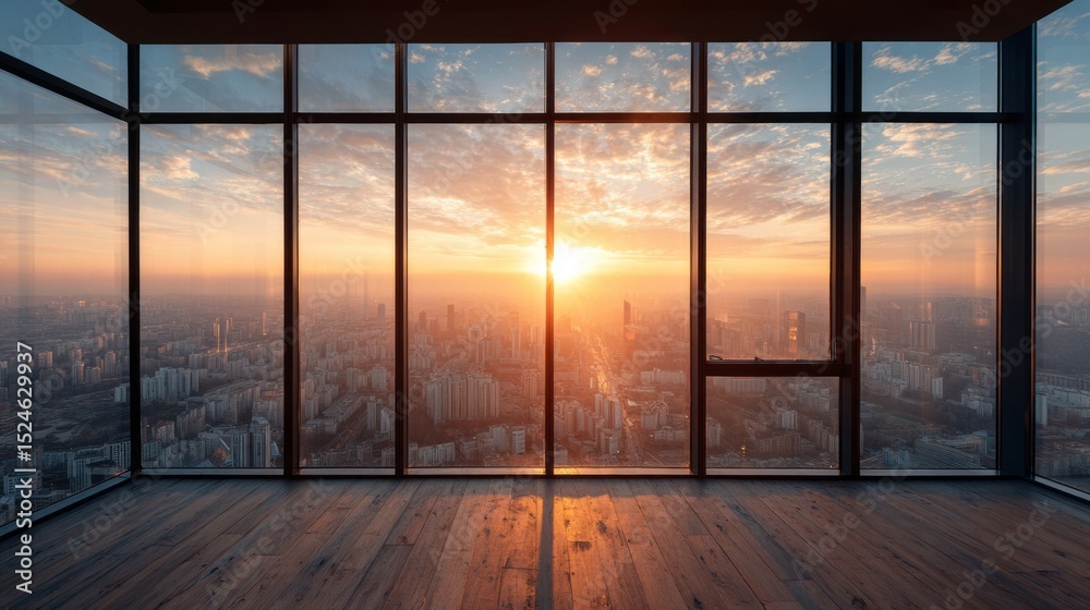 Fototapeta premium city view from large window at sunset.