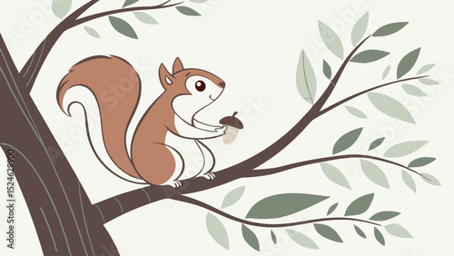 Cartoon Squirrel Holding Acorn Perched on a Tree Branch