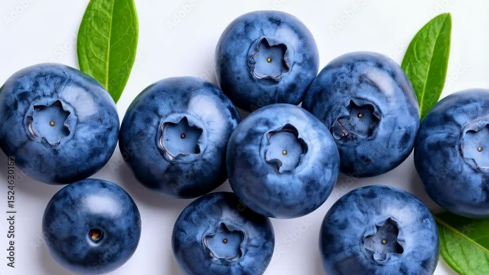 Fresh blueberries displayed on a white background with green leaves, healthy, vibrant color, and nutritious.