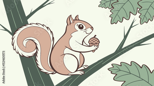 Cute Squirrel Holding an Acorn on a Branch