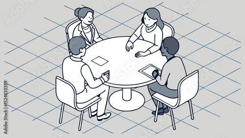 Four People Engaged in a Meeting Around a Circular Table