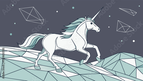 Geometric Unicorn Galloping Across Crystal Mountainscape