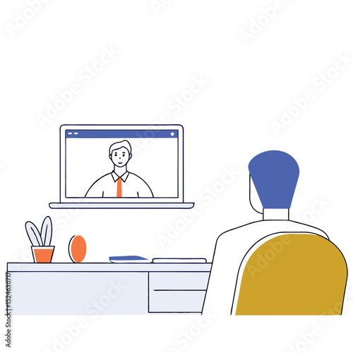 An online video interview, a team meeting, e-learning training, a job interview, a talk with a colleague, a conference call, or a businessman talking on a laptop computer online.