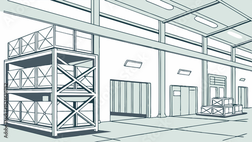Industrial Warehouse Interior with Stacked Cargo Crates