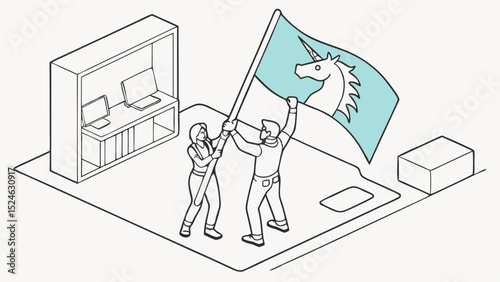 Isometric illustration of people raising a flag with a unicorn emblem