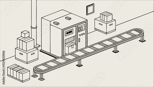 Isometric View of Industrial Conveyor Belt and Packaging System