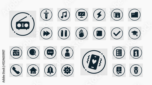 Essential monochrome icons for apps and interfaces, covering education, media, tools, files, communication, and mobile notifications.