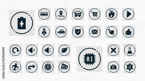 Modern solid line icons with circular frames for UI design, covering AI, battery, media, transport, finance, science, nature, and social features.
