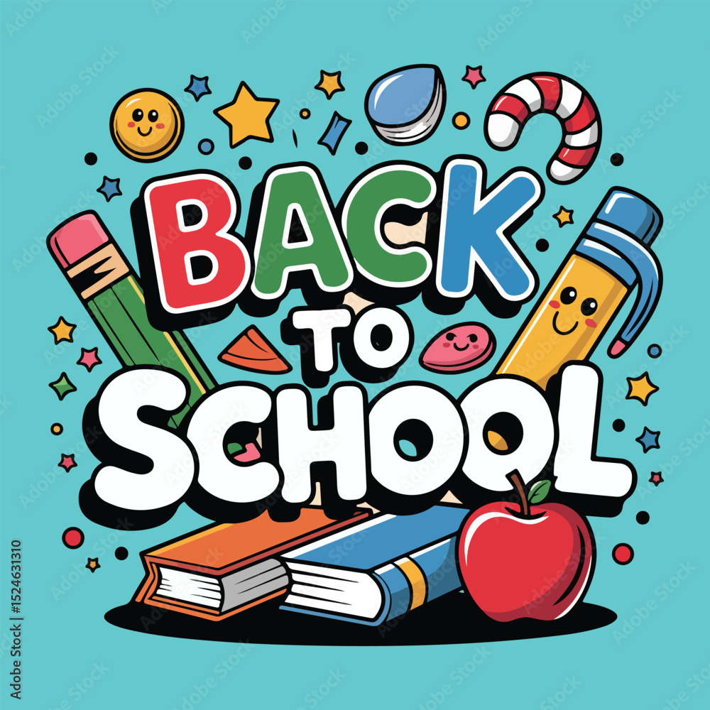 Obraz premium Colorful Back to School Cartoon Pencil, Apple, Marker, Eraser Design