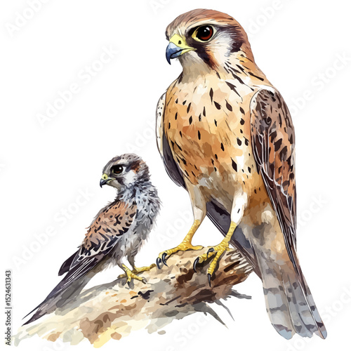 A Mother Kestrel With Her Kid, watercolor vector, high quality, isolated on a white background.