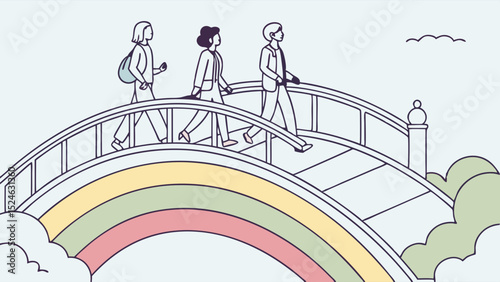 People Walking Across a Colorful Rainbow Bridge