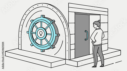 Person Contemplating Entering a Secure Vault Door with Wheel