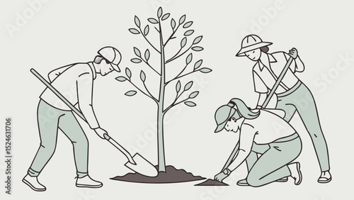 Three People Planting a Tree in a Community Effort