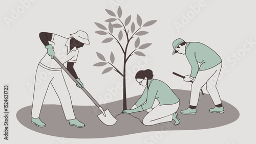 Three People Planting a Young Tree Together