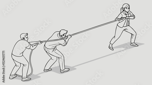 Two Men Versus One Woman in a TugofWar Illustration