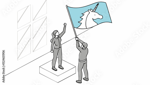 Woman and Man Raising Unicorn Flag on Platform