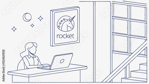 Woman working on laptop with unicorn rocket poster in office sketch