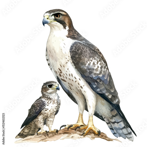 A Mother Goshawk With Her Kid, watercolor clipart vector, high quality, isolated on a white background.