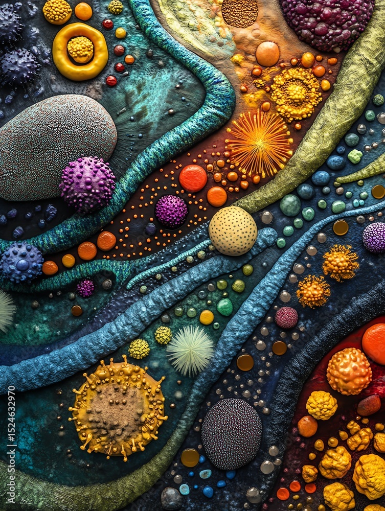 Obraz premium Abstract colorful textured artwork. Vibrant spheres and organic forms create a cosmic landscape.