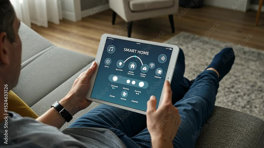 Person on couch using smart home tablet