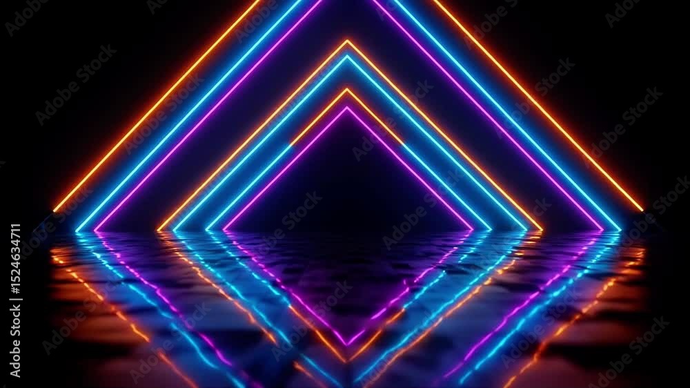 Geometric neon triangle pattern reflects on a textured dark floor surface