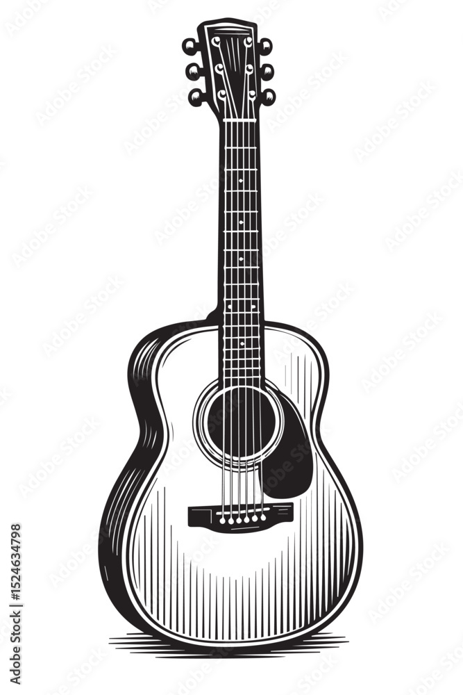 Obraz premium Black and white vector illustration of a detailed acoustic guitar.