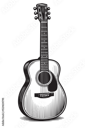 Black and white vector illustration of a detailed acoustic guitar.