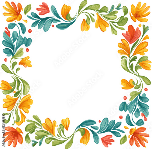 Floral border design featuring vibrant colors and intricate patterns for artistic projects isolated on transparent background. Vector illustration.