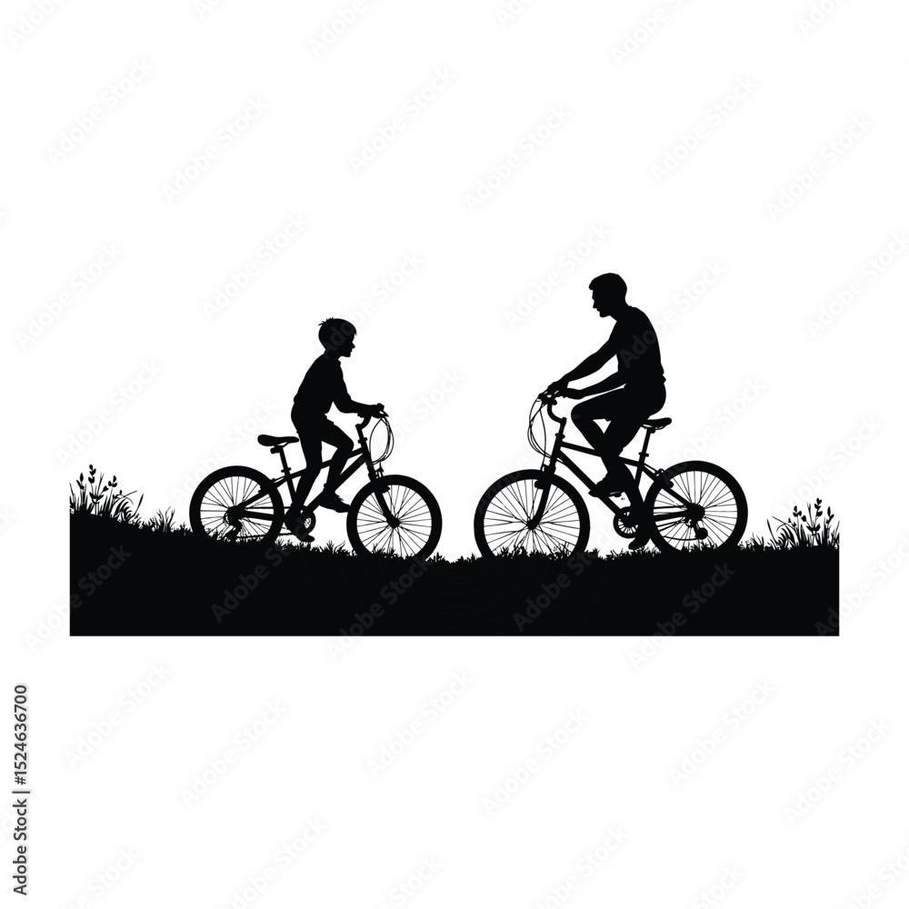 Obraz premium Father and son silhouettes enjoying a bike ride together in a beautiful outdoor setting
