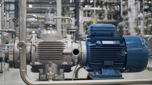 Close up view of industrial pump and machinery in a factory setting scene