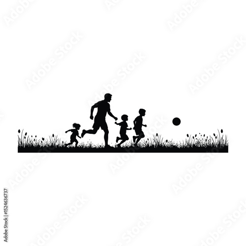 Father playing soccer with children silhouetted against a white background during daytime