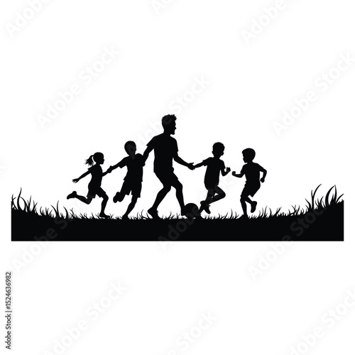 Silhouette of a father and children playing soccer in a park on a sunny day