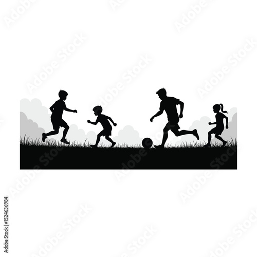 Silhouette illustration of children playing soccer on a grassy field with clouds