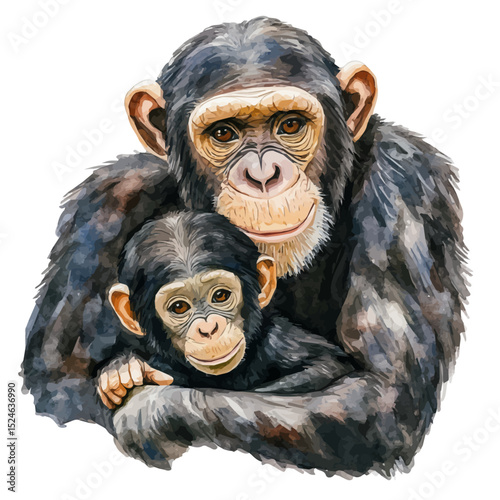 A Mother Chimpanzee With Her Kid, watercolor clipart vector, high quality, isolated on a white background.