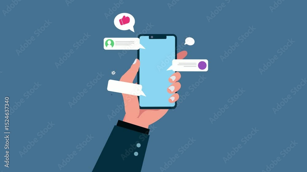 Dynamic animation of a hand holding a phone with chat messages and reactions like thumbs up and heart icons popping up, illustrating lively online communication and interaction flow. 2d animation.
