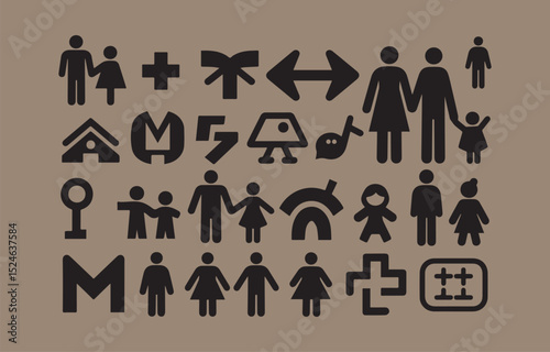 Collection of diverse pictograms representing family people and symbols
