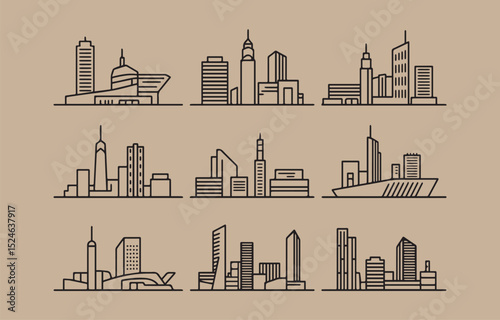 Nine minimalist city skylines line art illustrations