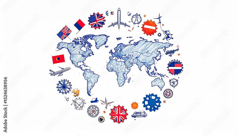 Obraz premium Global Connections A World Map Surrounded by Travel Icons and Flags Illustrating International Trade and Travel