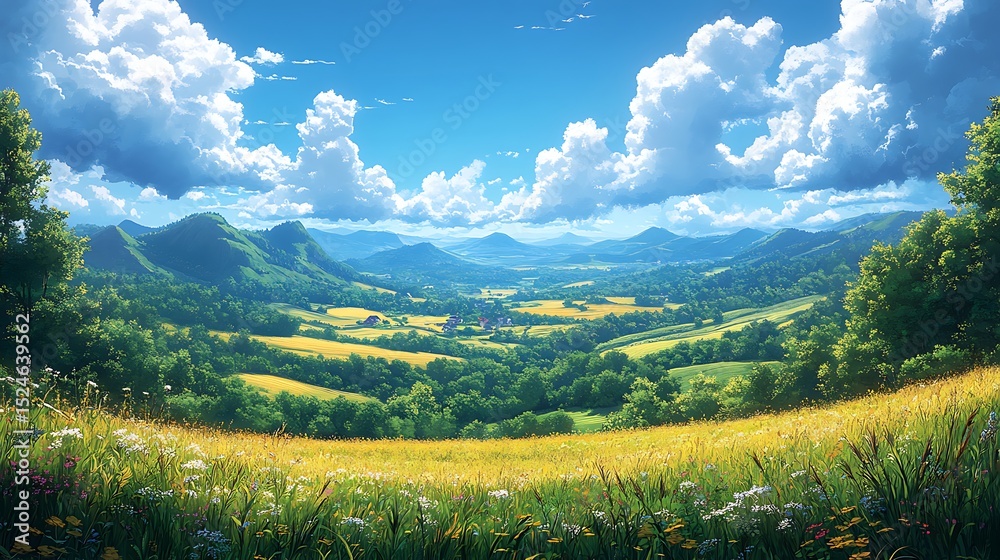 Fototapeta premium Valley landscape under sunny sky