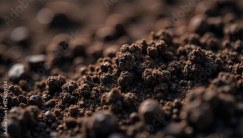 Close-up shot of rich, dark soil, textured and moist, revealing intricate patterns and organic matter Ideal for agricultural, environmental, and gardening projects , ecology, field