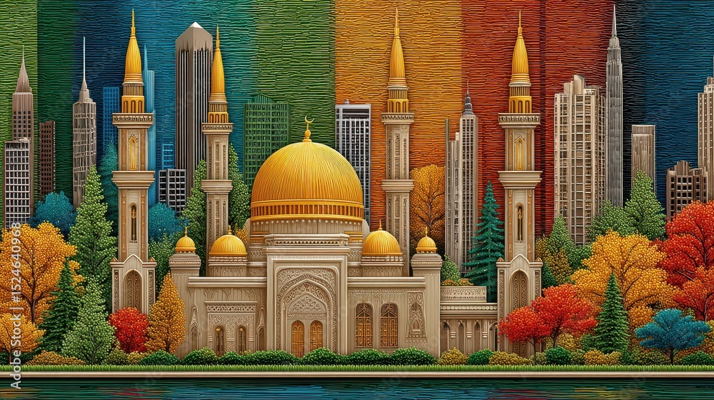 Obraz premium Autumnal Cityscape with Golden Domed Mosque and Vibrant Pixel Art Style