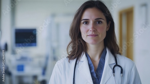 A young European female doctor stands confidently in a medical environment, showcasing professionalism and dedication to patient care with a stethoscope.