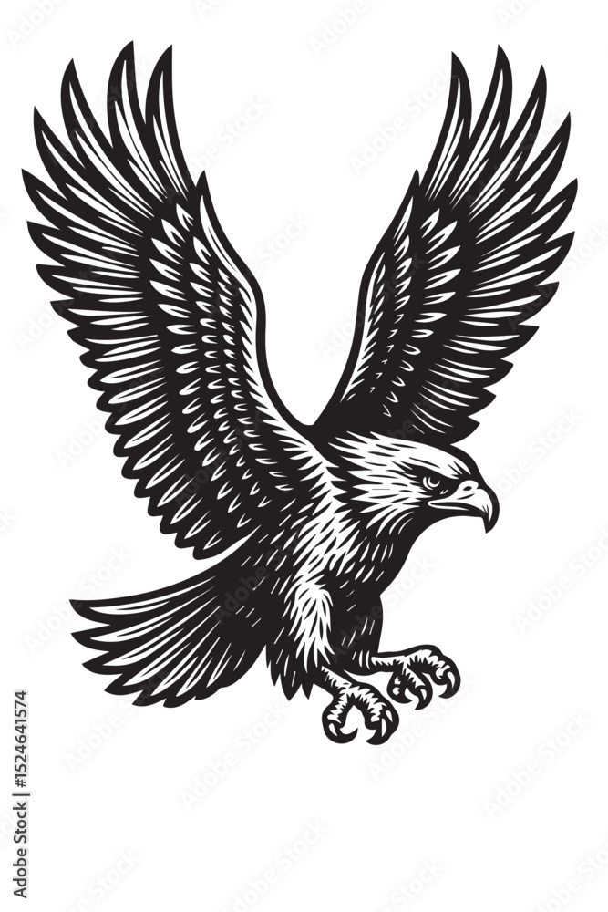 Obraz premium Black and white vector illustration of a flying bird with wings spread.