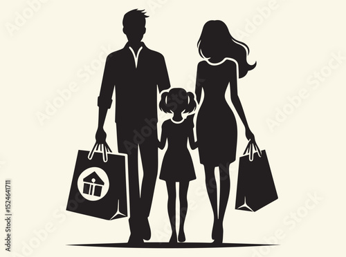 Family Shopping Silhouette Illustration Depicting Parents and Children Holding Hands and Shopping Bags for Retail, Commerce, and Marketing