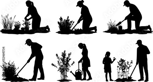 Set of black silhouettes of gardeners working in garden.
